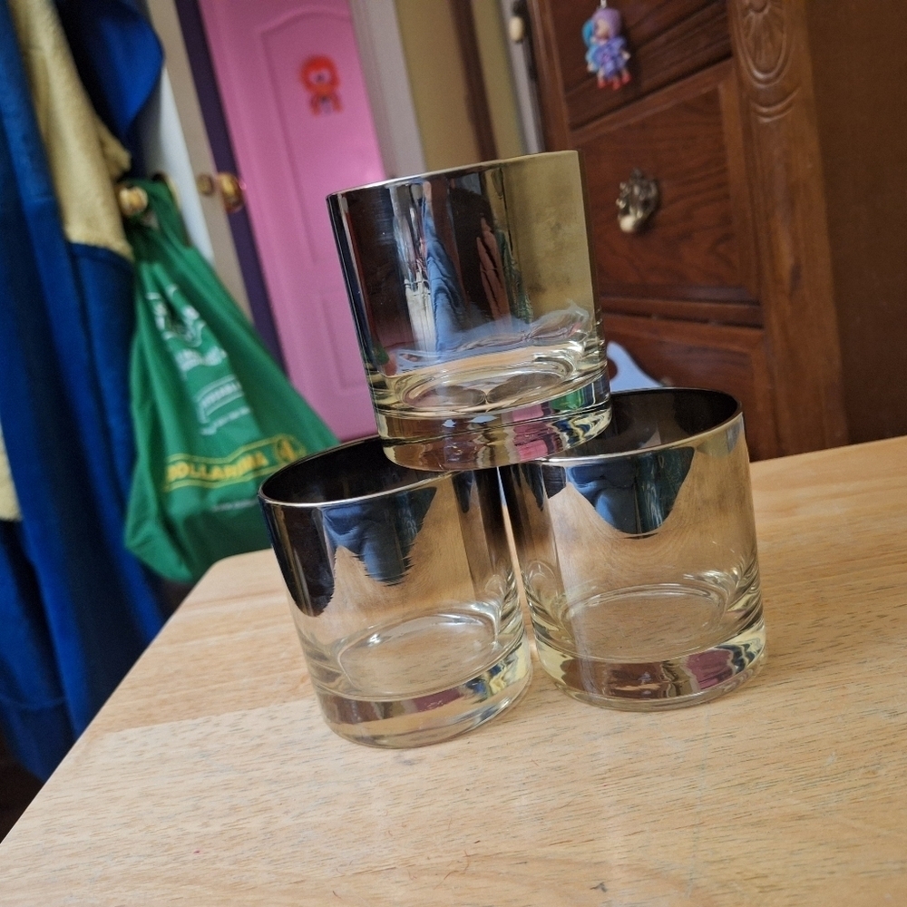 Vtg 60s Dorothy Thorpe Style Silver Fade Old Fashioned Whiskey Glasses Set 3